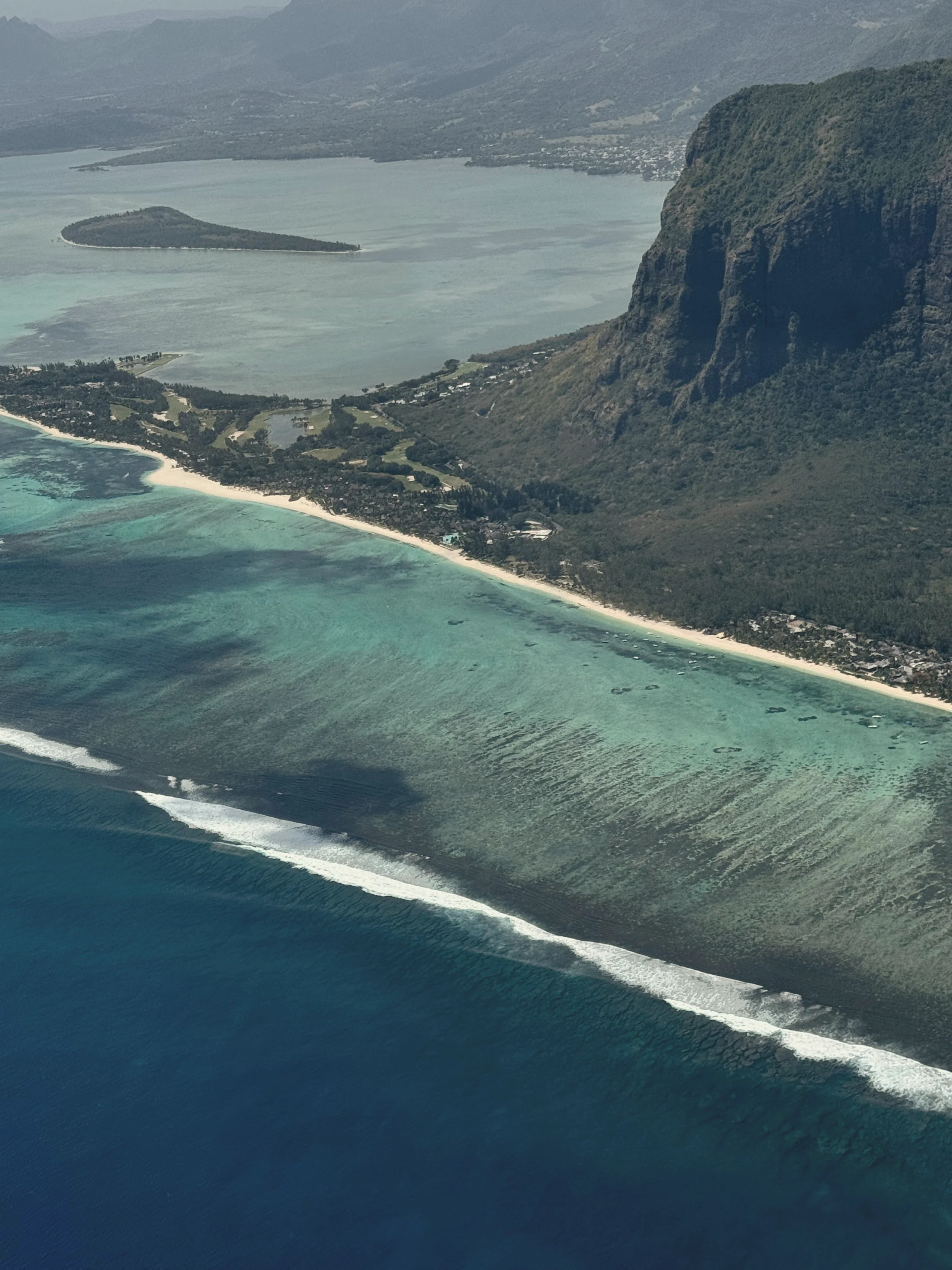 Aerial view of Le Morne Brabant peninsula and lagoon, Mauritius